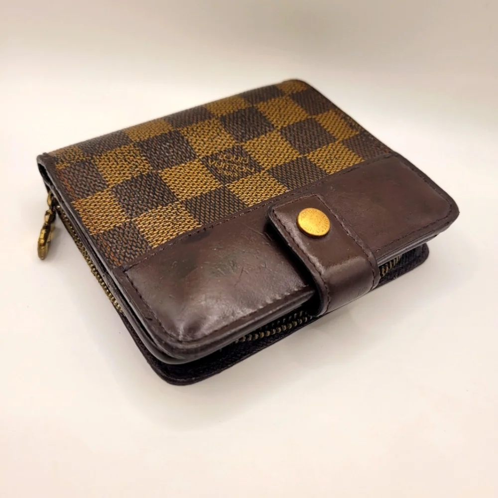 LOUIS VUITTON Folded Compact Zip Damier Ebene Brown PVC Wallet